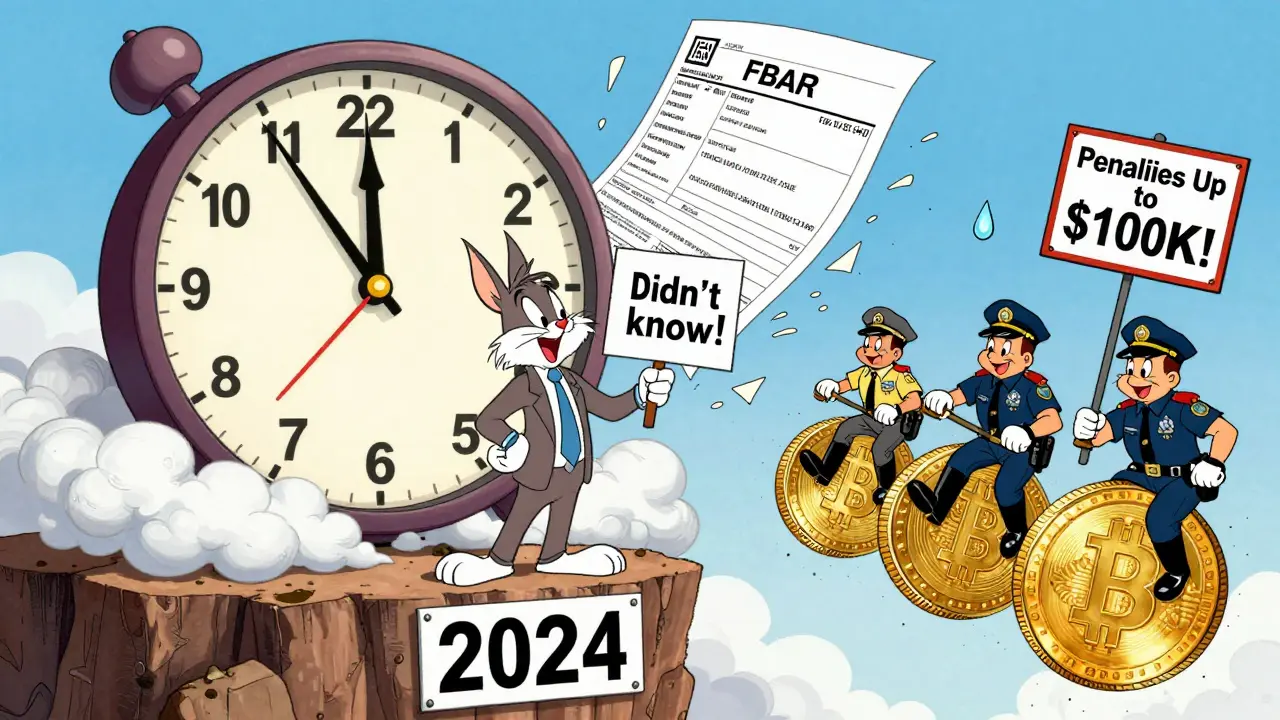 A man on a cliff labeled 2024 as a giant FBAR form crashes down toward him from a clock ticking to 2026 in cartoon style.