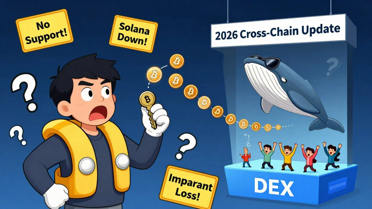 A panicked user surrounded by warnings while an Orca whale leaps through a cross-chain portal with bridged crypto tokens.