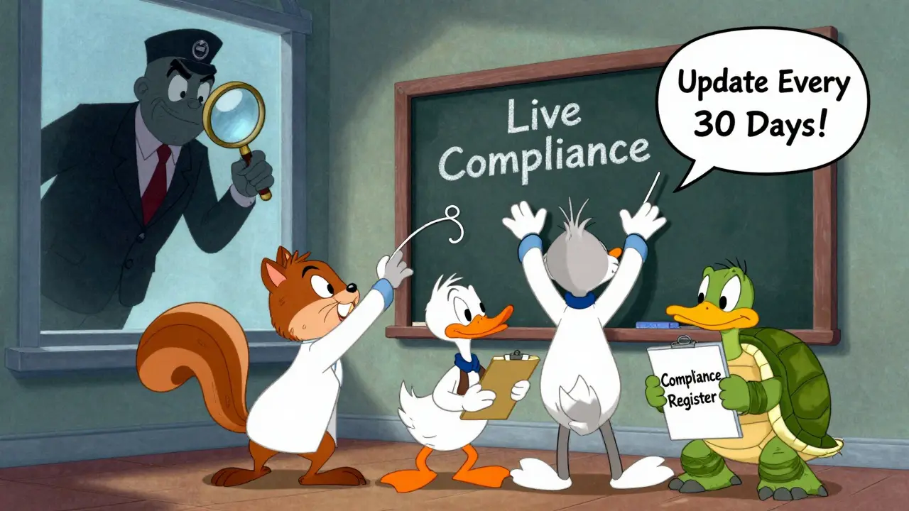 A quirky team updates a live compliance board while a regulator watches from outside.