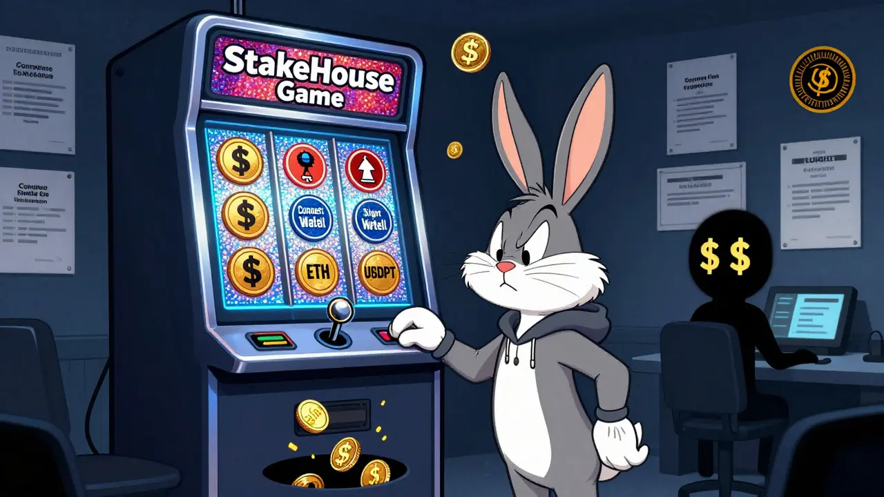 A rabbit facing a scam slot machine labeled 'StakeHouse Game' with coins falling into a black hole.