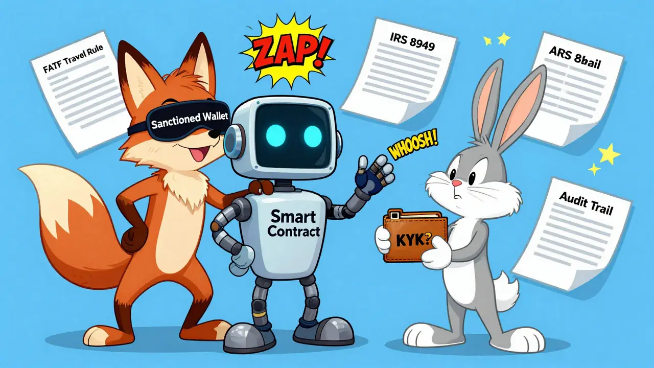 A robot blocks a fox with a sanctioned wallet at a decentralized exchange, surrounded by legal documents.