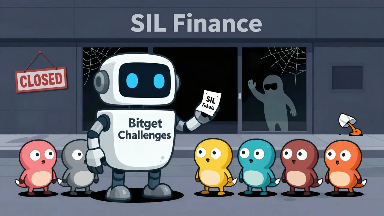 A robot handing out empty SIL token papers to clueless characters outside a closed SIL Finance store with a ghostly developer inside.