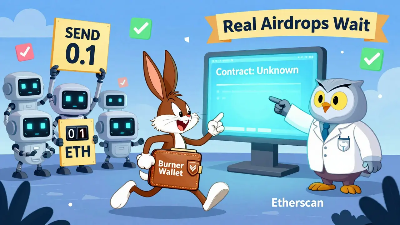 A running wallet escaping robot bots in a Discord server, guided by a wise owl pointing to Etherscan.