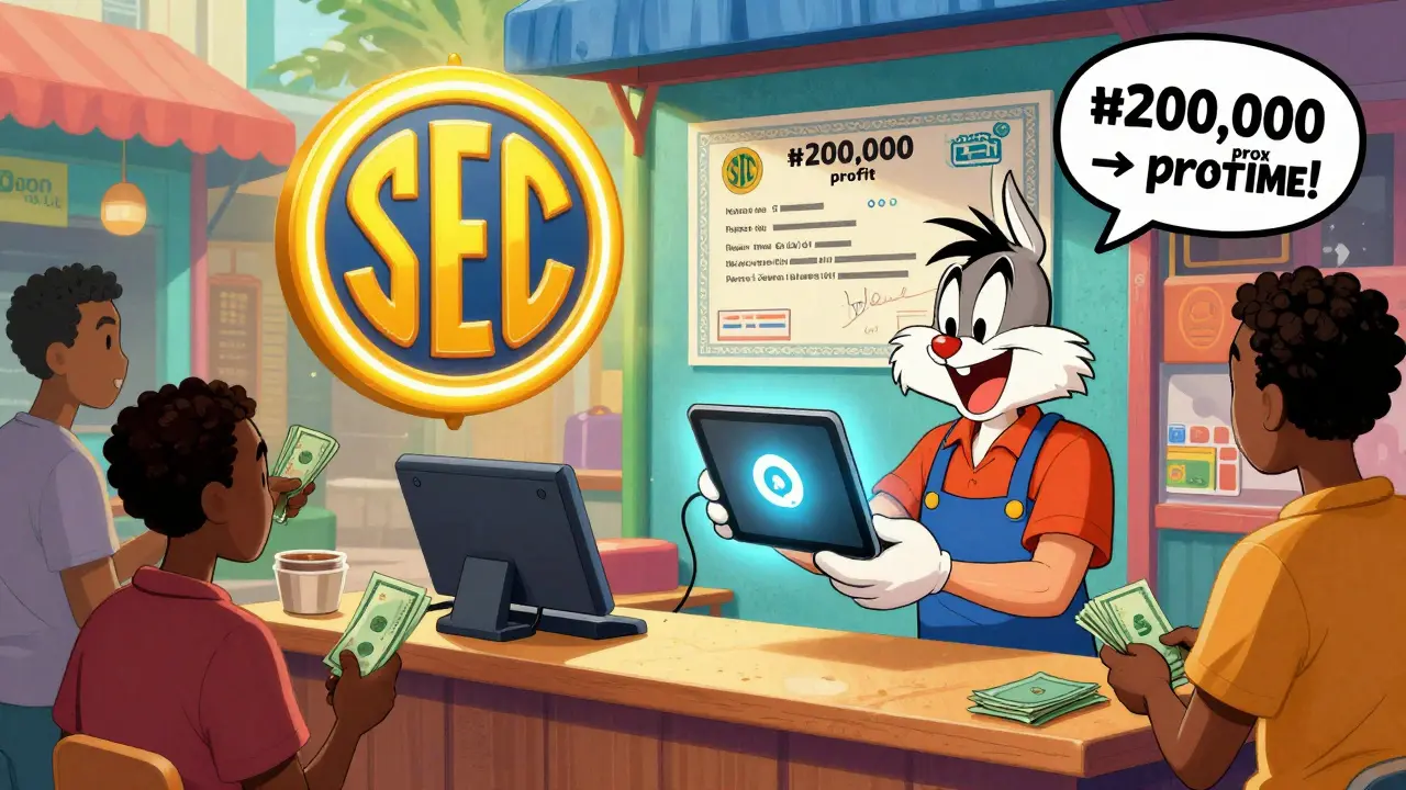 A shopkeeper accepting crypto via a licensed platform in a vibrant Nigerian market, cartoon illustration.