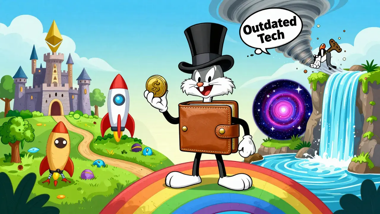 A single smart wallet walking across a rainbow bridge connecting five blockchains, while a rusty old wallet gets swept away by a tornado.