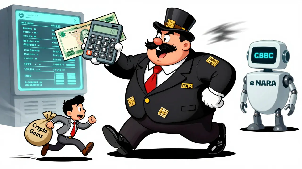 A tax man chasing a crypto investor with a blockchain suit, cartoon satire style.
