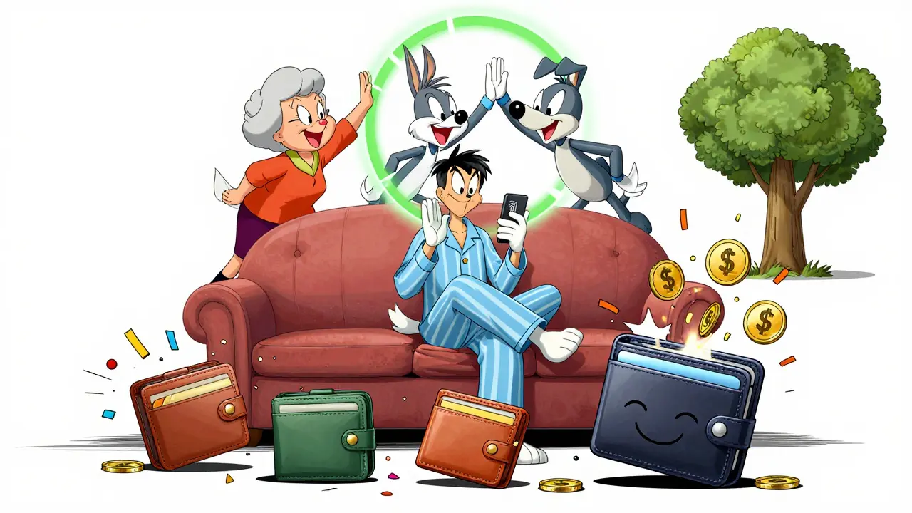A user recovering a wallet with three cartoon guardians high-fiving above, while old wallets explode into confetti and USDC coins rain down as free gas.