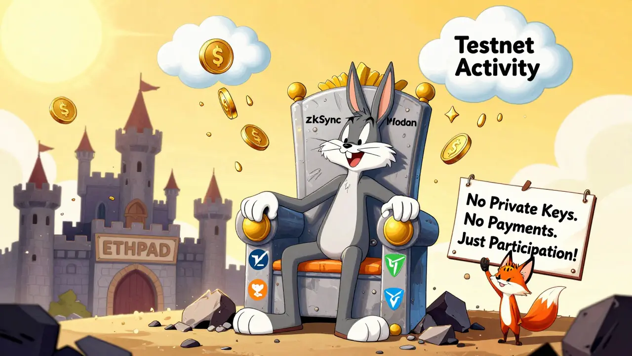 A user rewarded with real airdrop tokens while a fake ETHPAD castle crumbles into dust.