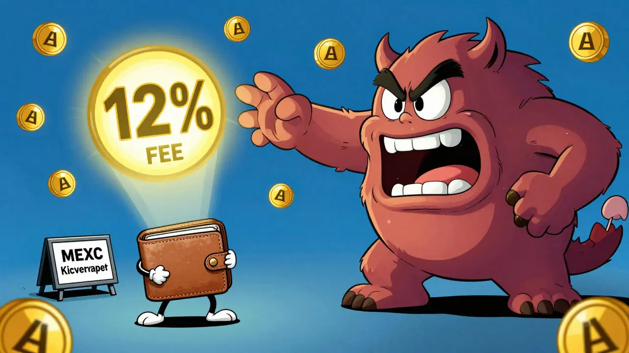 A wallet dodging a giant 12% fee claw while MEXC Kickstarter glows safely nearby.