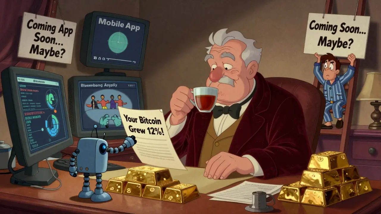 A wealthy man receives a Bitcoin growth report while a frustrated trader fails to reach a missing mobile app.