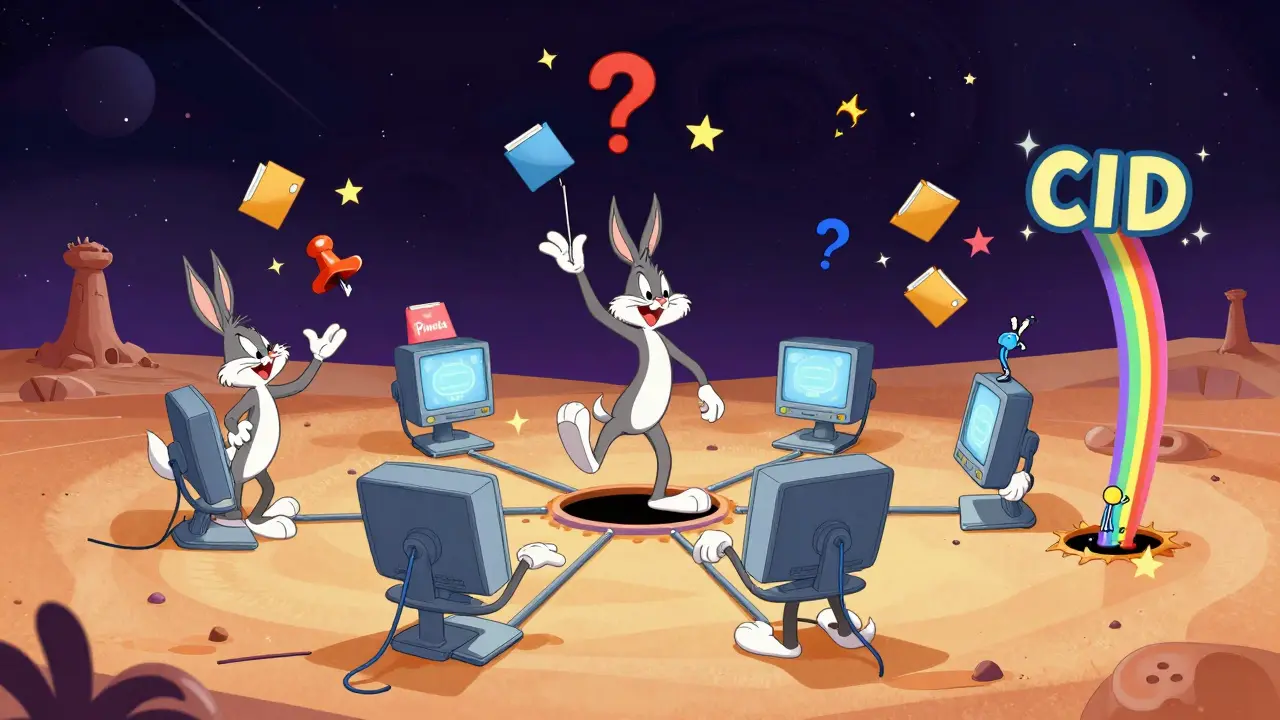 Cartoon computers in a desert tossing file chunks like frisbees, with a pinning needle and glowing CID.