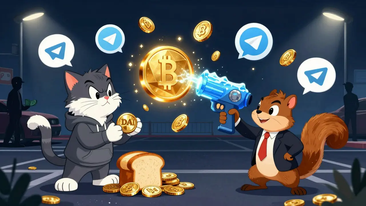 Cat trades DAI for bread in parking lot as Tether squirrel tries to freeze the coins.