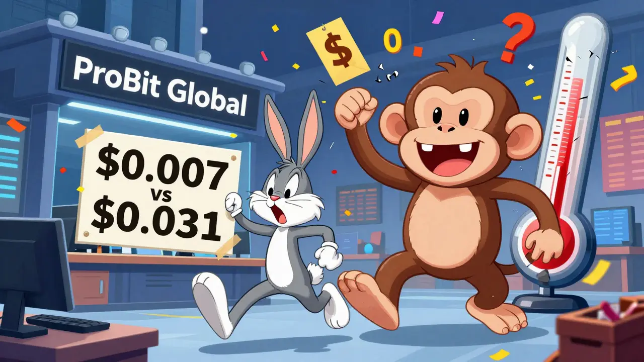 Chaotic cartoon trading floor with a rabbit chased by a monkey over exploding price tags.