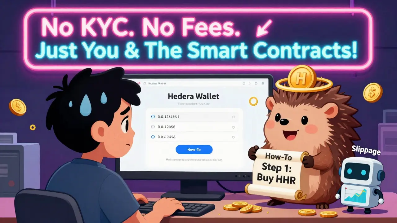 Confused user staring at a wallet screen while a hedgehog mascot offers help, with slippage robot stealing coins.