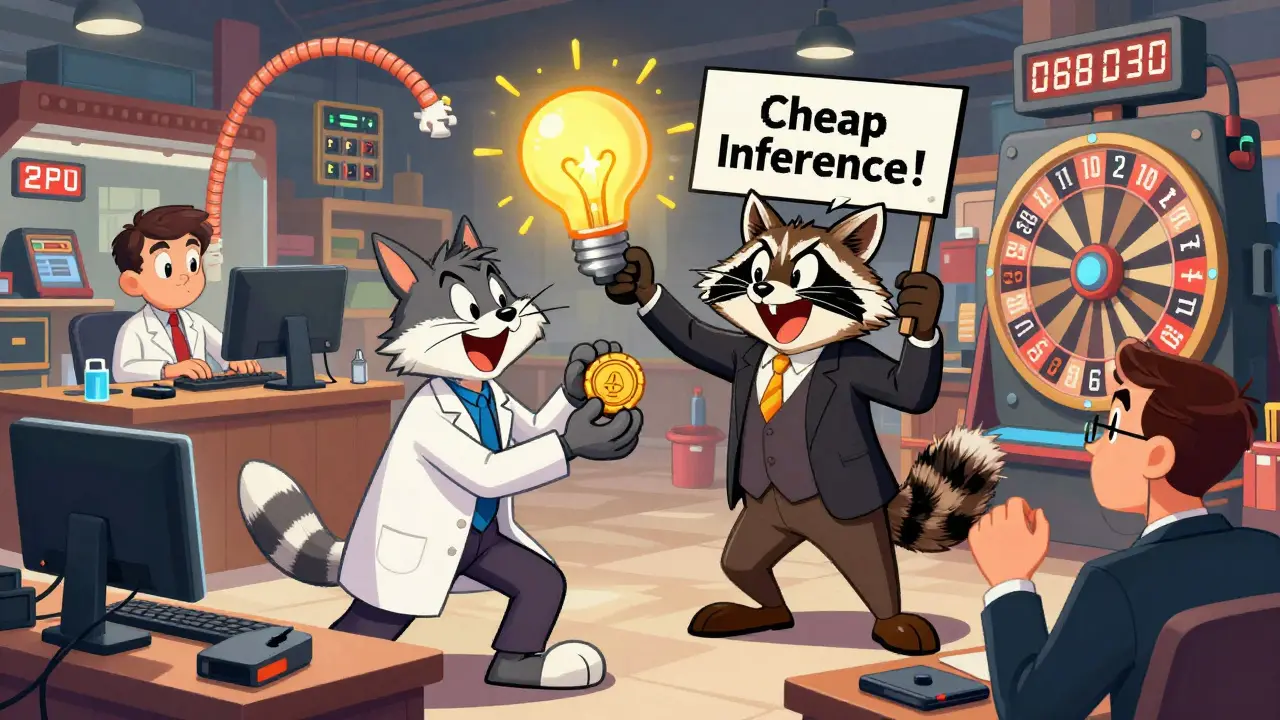 Developers trading SN64 lightbulb tokens with GPU vendors in a wild marketplace, price ticker spinning.