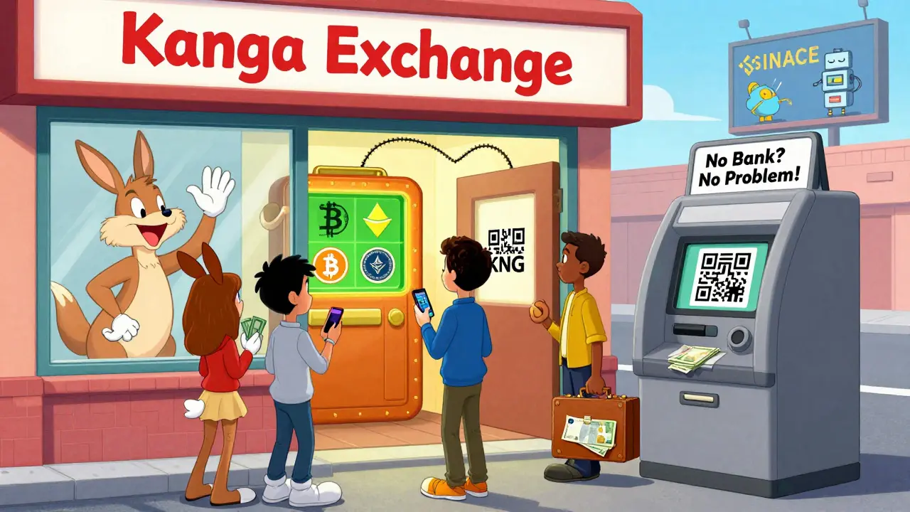 Diverse customers line up at Kanga Exchange store with kangaroo mascot and glowing digital wallet.