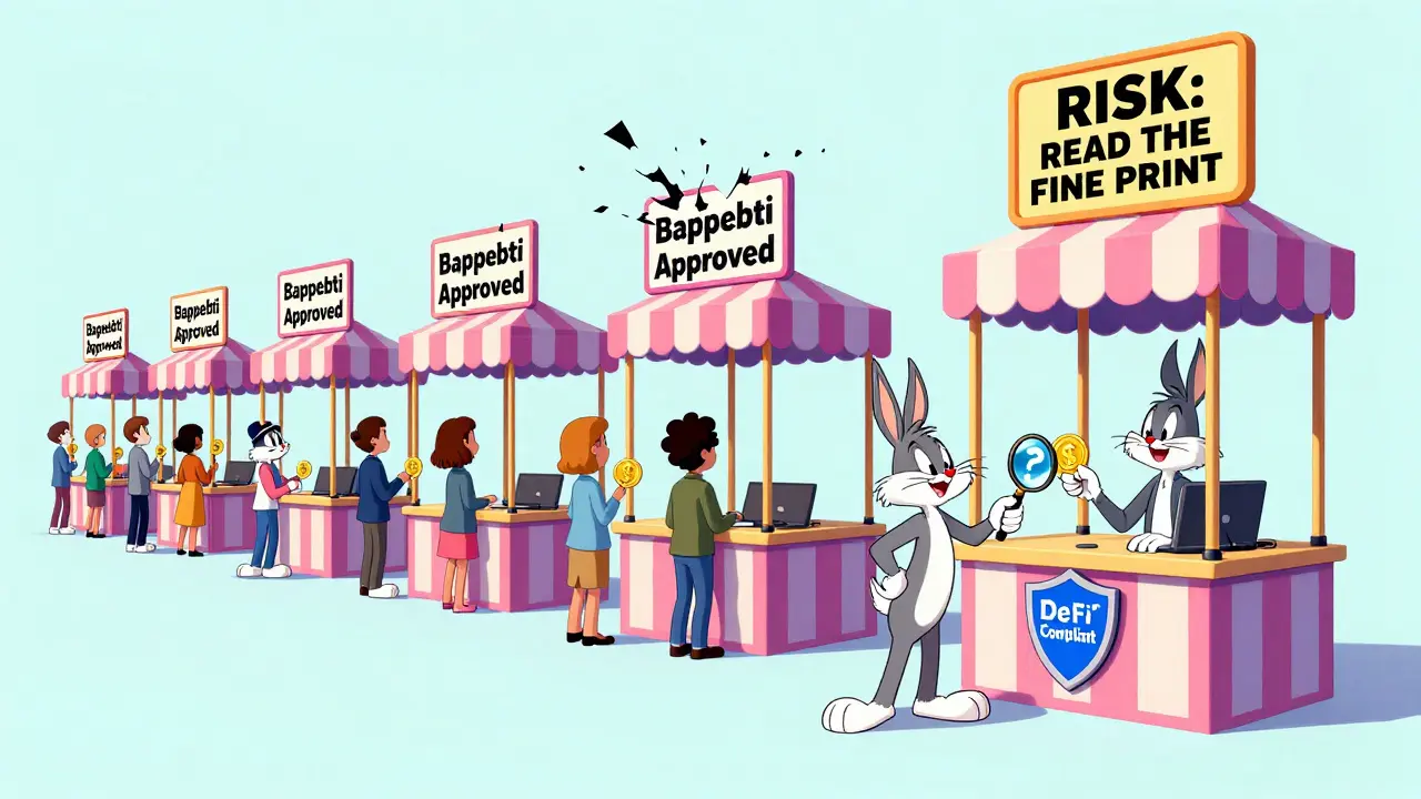 Falling Bappebti booths vs. sturdy OJK exchange booth in cartoon style