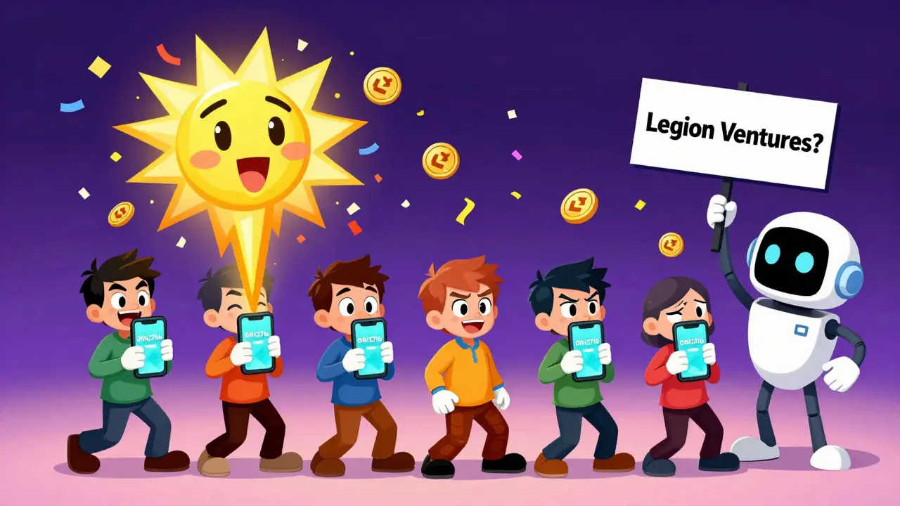 Five friends signing up with referral code DRtZ7lb, reward meter exploding with LGX token confetti.