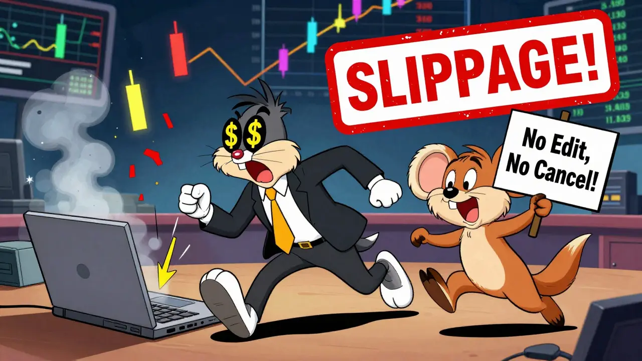Frustrated trader chases runaway laptop while Kanga mascot holds 'No Edit' sign in cartoon style.
