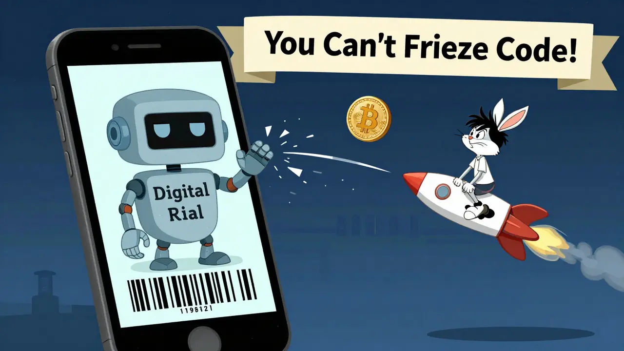 Giant Digital Rial robot forces citizens to swap crypto for a barcode, but a child escapes on a DAI rocket.