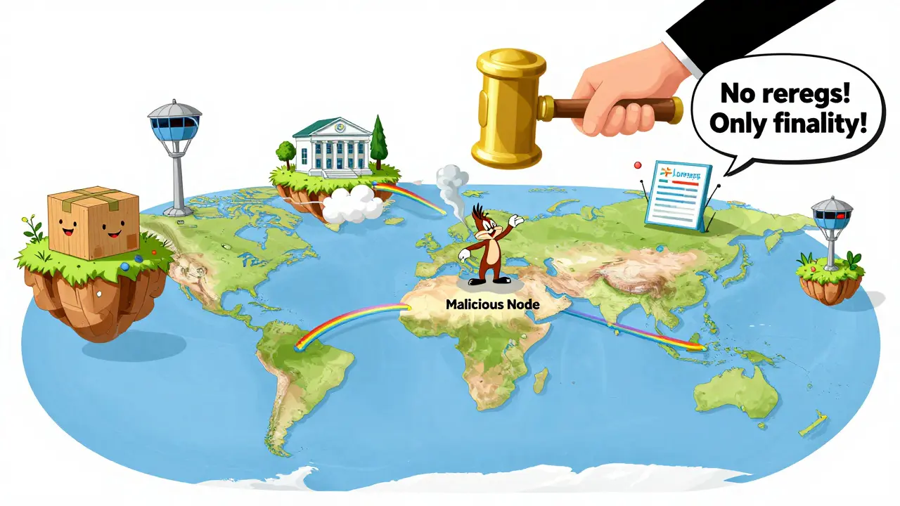 Global islands connected by BFT cables, a golden hammer smashes a malicious node into smoke while trusted systems cheer.