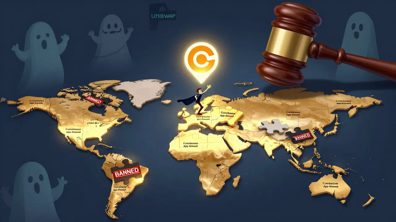 Global map with glowing allowed countries and dark banned ones, a tiny hero reaching for Coinbase Wallet as a SEC gavel casts a shadow.