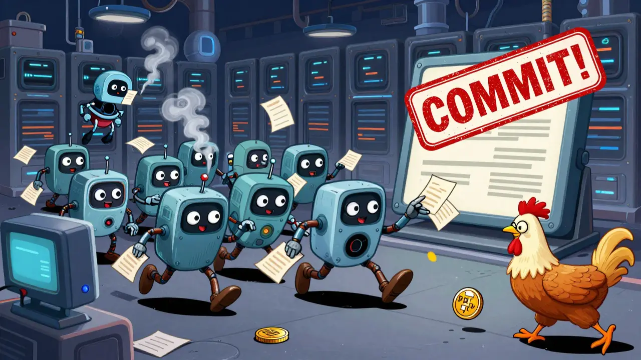 Googly-eyed robot nodes passing ballots in a chaotic server room, one glitching as a giant 'COMMIT!' stamp lands.