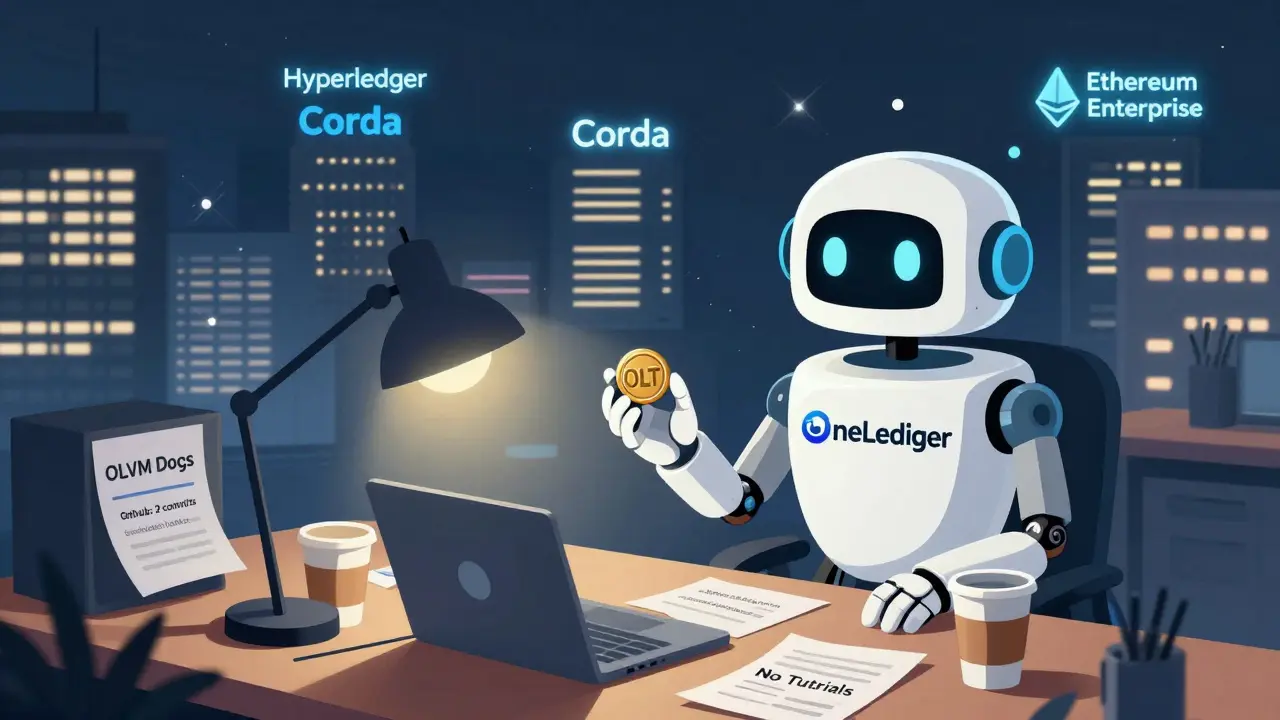 Lonely developer surrounded by empty documentation while giant competitors shine brightly in the distance.