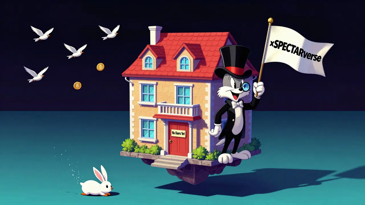 Lonely digital mansion in an empty virtual world with a lone avatar and coins flying away.