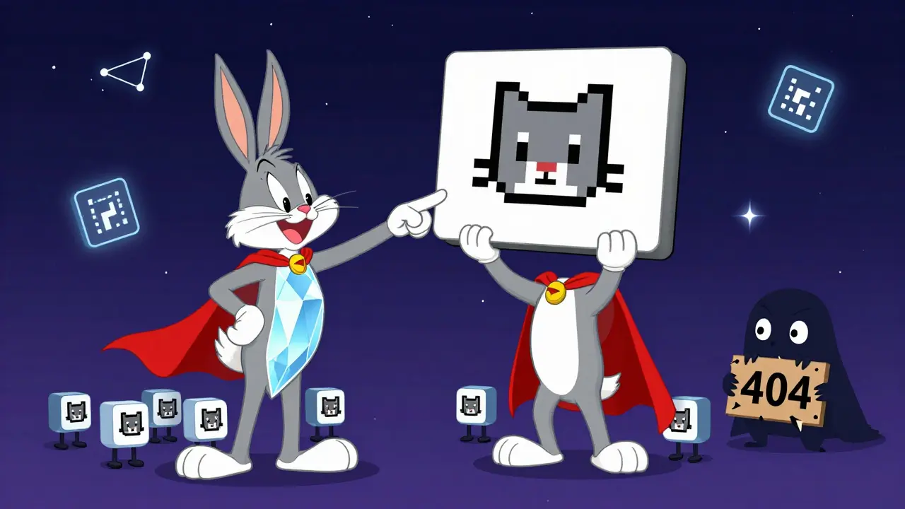 NFT monster holding a JPEG image lifted by IPFS node heroes, while a 404 monster hides in fear.