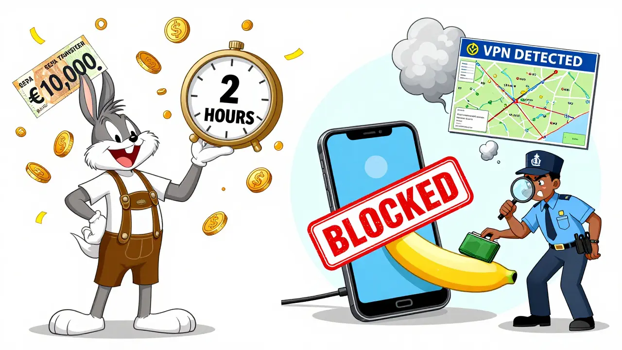 Split cartoon scene: happy German user with fast bank deposit vs. Nigerian user crushed by a 'BLOCKED' stamp and VPN smoke.