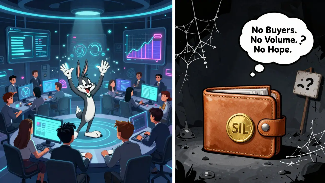 Split scene: vibrant active DeFi hub vs. a lonely dusty wallet with a single SIL token and a 'No Hope' sign.
