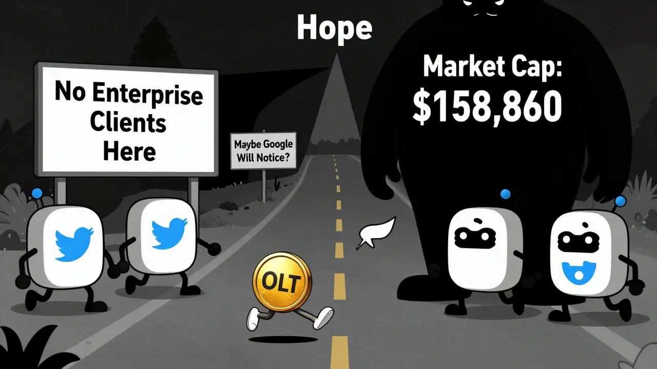 Tiny OLT token fleeing from a massive market cap shadow while bots chase it down a dead-end road.