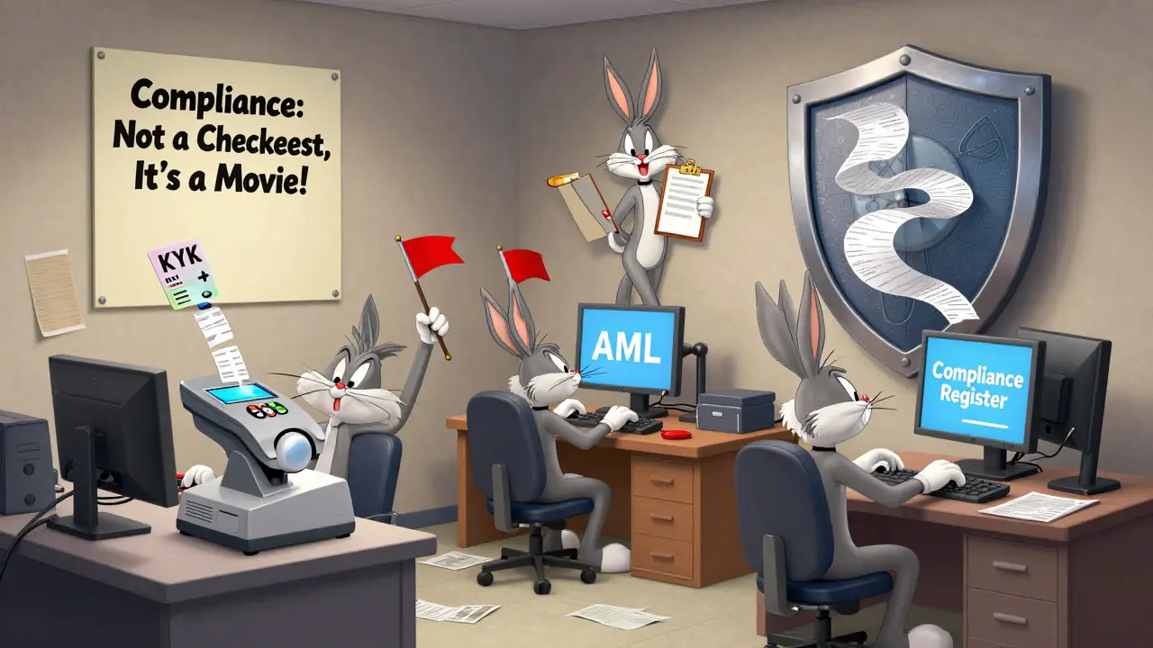 Tiny team operating comical compliance machines in a cluttered office with paper trails forming a shield.