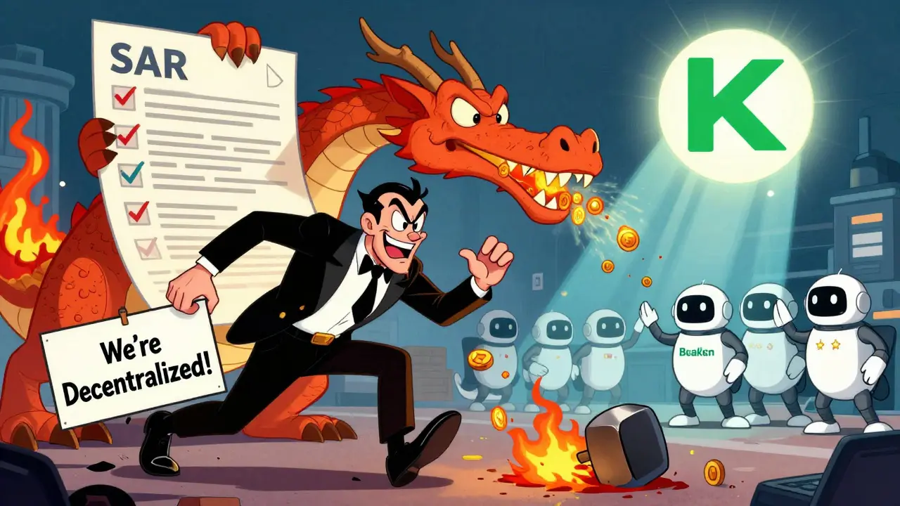 Villain chased by regulatory dragon as his token crashes, while Kraken’s team deploys AI bots.