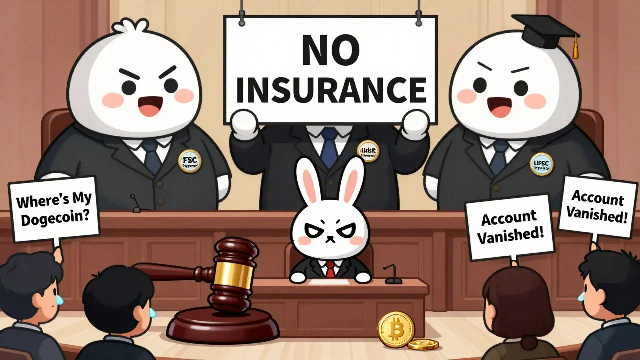 A cartoon BitClover mascot on trial before licensed exchanges in a courtroom filled with upset users.