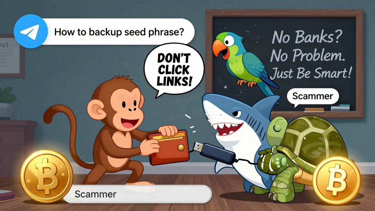 A chaotic Telegram group of animals shares crypto tips, with a scammer shark trying to steal a wallet from a turtle.