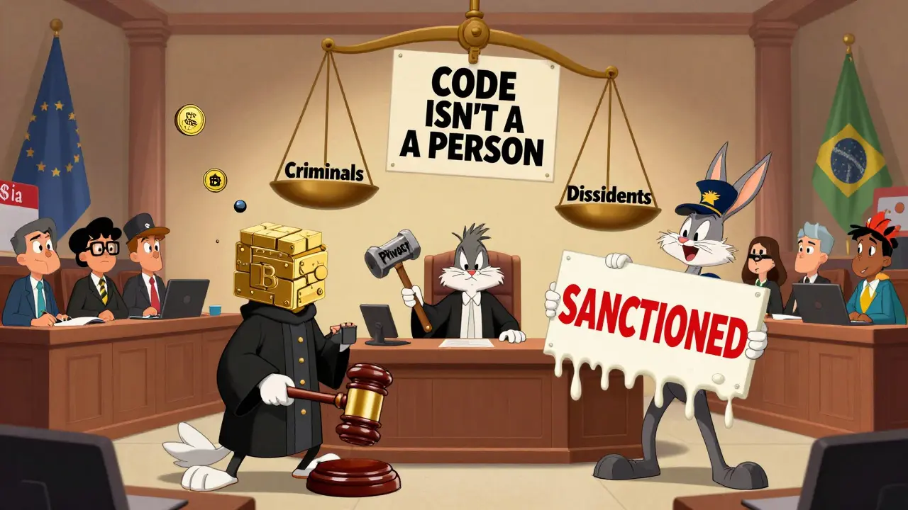 A courtroom scale tips between criminals and dissidents as a TORN token bounces wildly in Looney Tunes style.