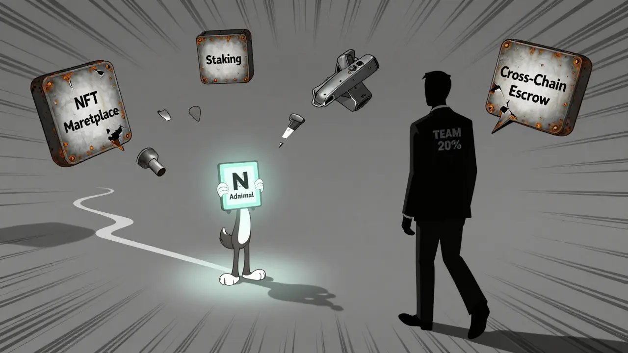 A creator stands alone in a void holding a lonely NFT, surrounded by broken crypto tools as a team member walks away.