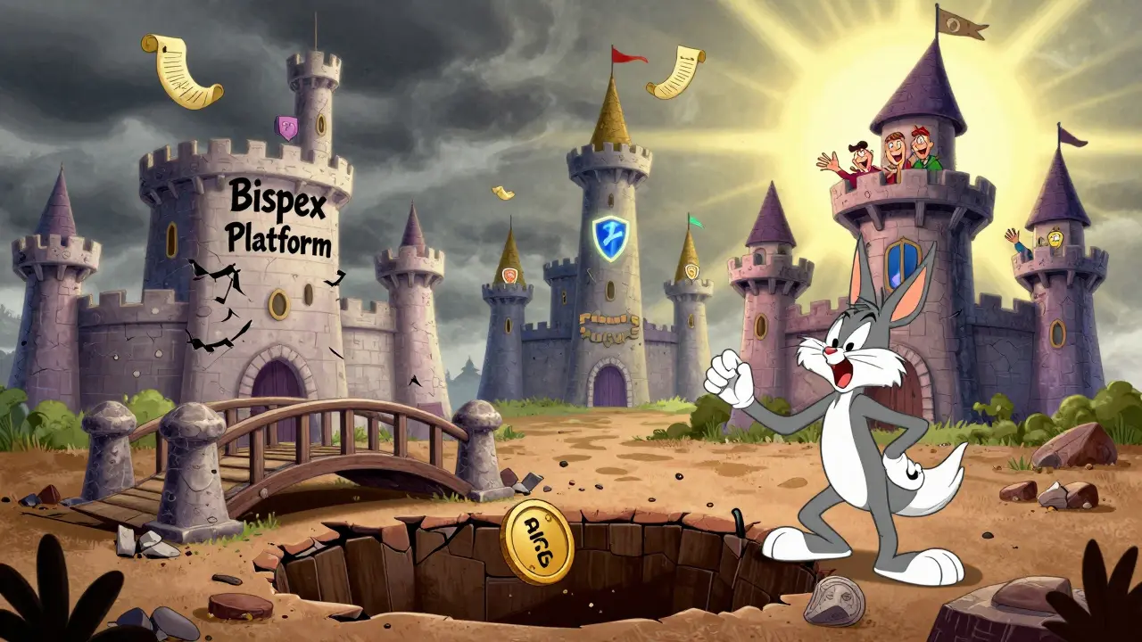 A crumbling Bispex castle falls into a pit while rival platforms shine safely in the distance.