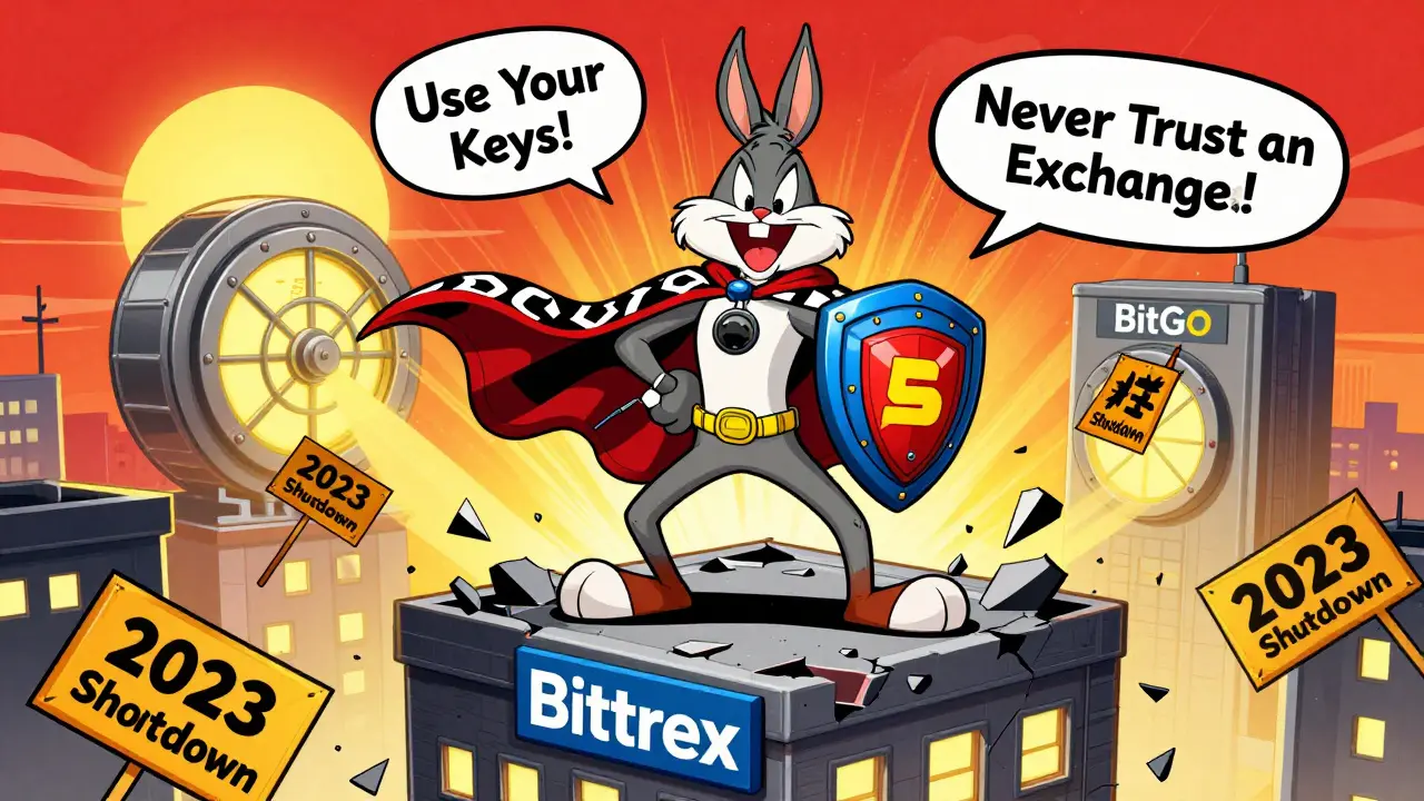 A crypto hero with a blockchain cape stands atop the fallen Bittrex exchange as BitGo's vault shines in the distance.
