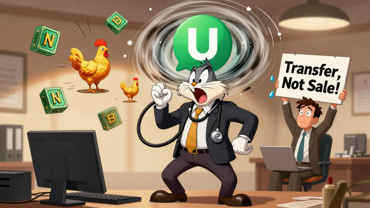 A crypto-savvy CPA surrounded by NFTs and staking chickens, helping a confused investor amid swirling DeFi chaos.