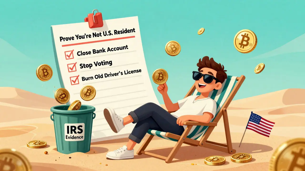 A digital nomad relaxing in Dubai with crypto coins and a checklist of steps to prove he left the U.S.