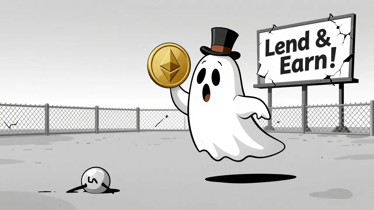 A ghostly FIN token floats through an empty digital wasteland with cracked signs and fading charts.