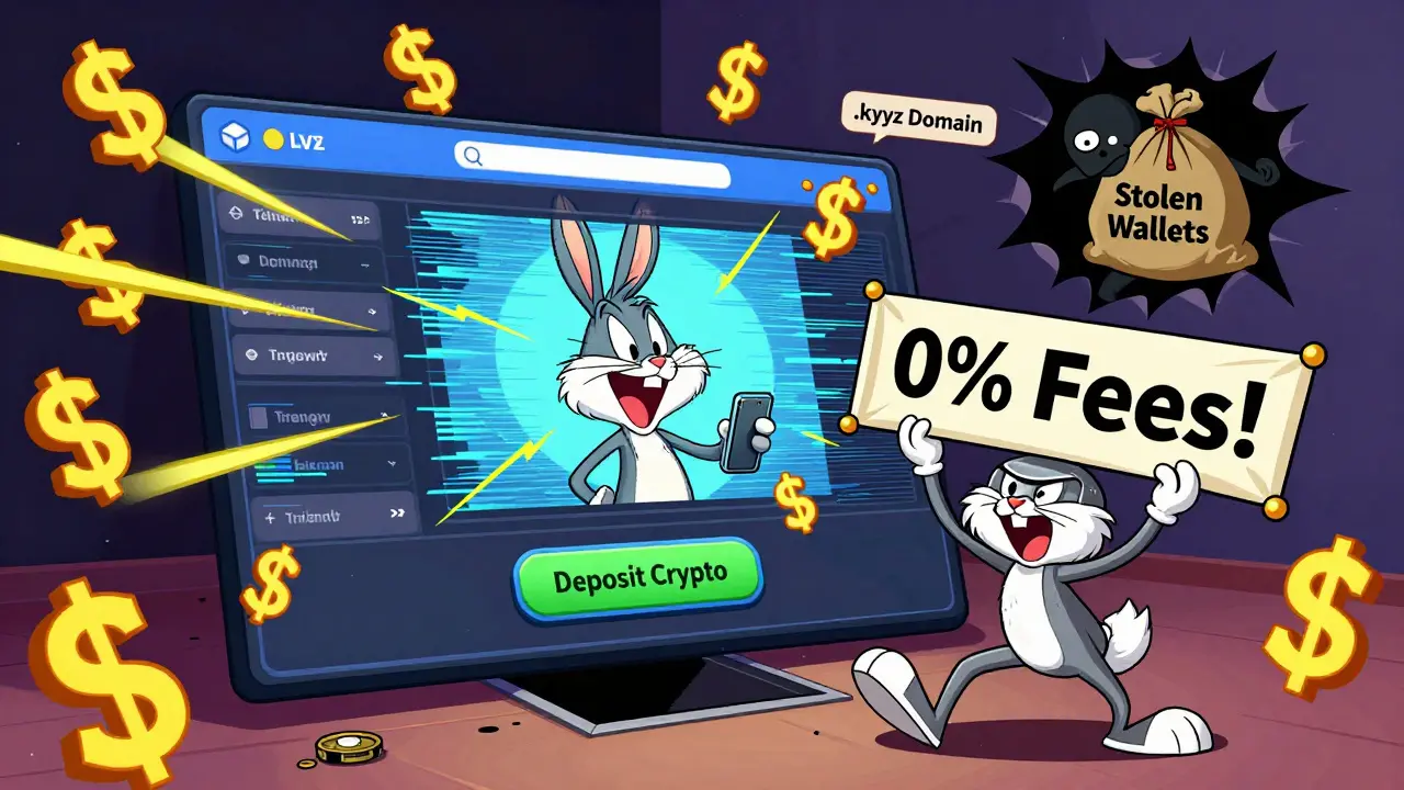 A glitchy fake trading screen with a trapdoor beneath a deposit button, cartoon money multiplying wildly.