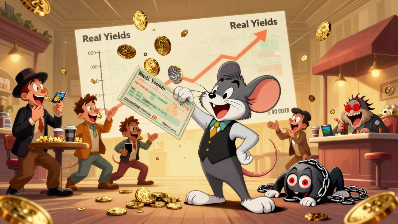 A mouse hands out gold and silver coins to happy users, while a defeated Ponzi scheme monster lies underfoot.