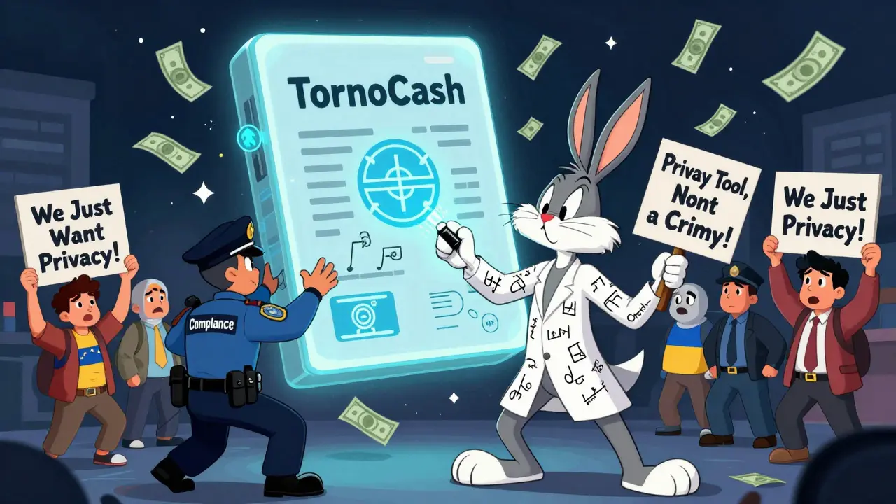 A nerdy developer defends a glowing smart contract while users protest for privacy in Looney Tunes style.