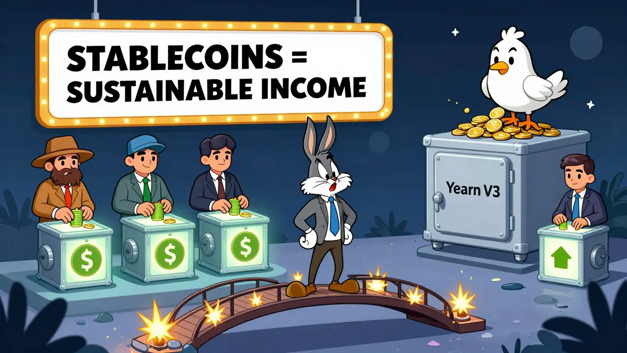 A nervous investor on a crumbling Ethereum bridge while farmers on other chains safely deposit stablecoins into glowing vaults.