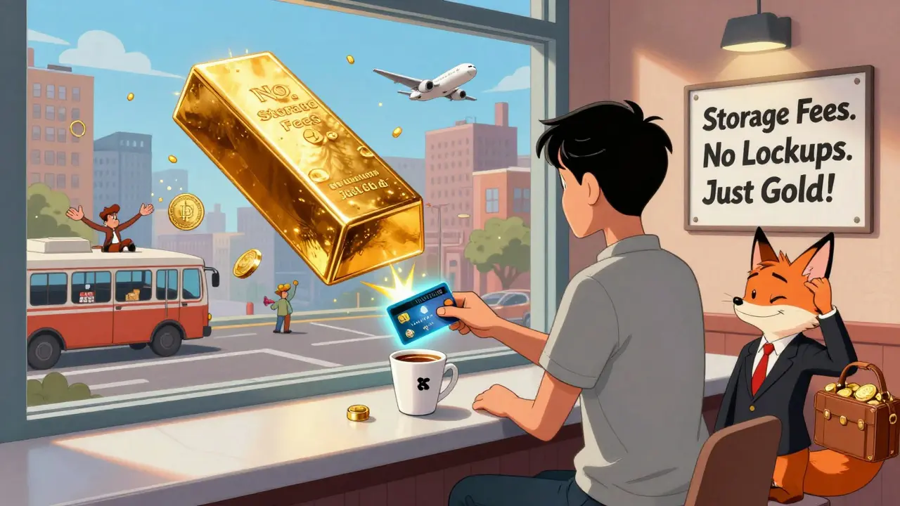 A person pays for coffee with a Kinesis card that turns the drink into a gold bar, as others spend gold everywhere.