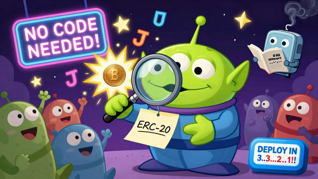 A quirky alien deploying a token with a simple button press, surrounded by cheering space creatures.